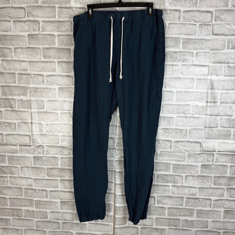 Alex Crane Bo Pants Mens XL Navy Blue Striped 100% Linen Drawstring Joggers
